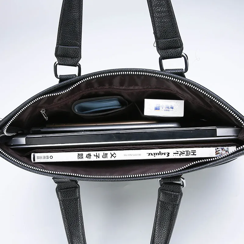 Men's business briefcase large horizontal square synthetic leather black zip closure 12-inch laptop bag