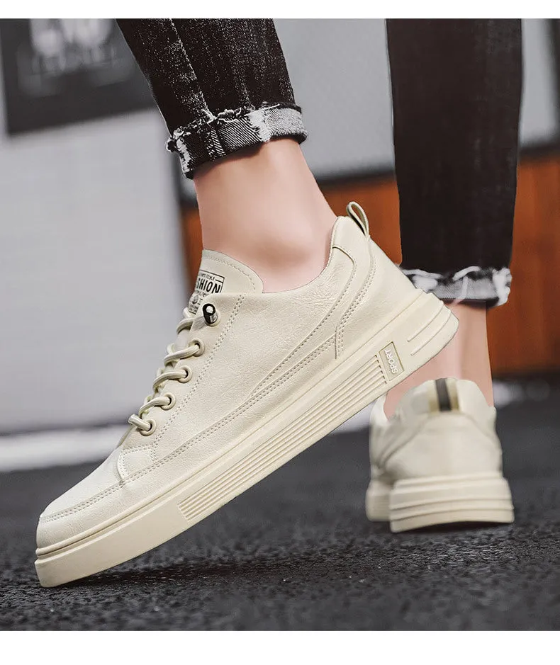 Men's Korean-style breathable canvas sneakers in beige with rubber sole and low-top design