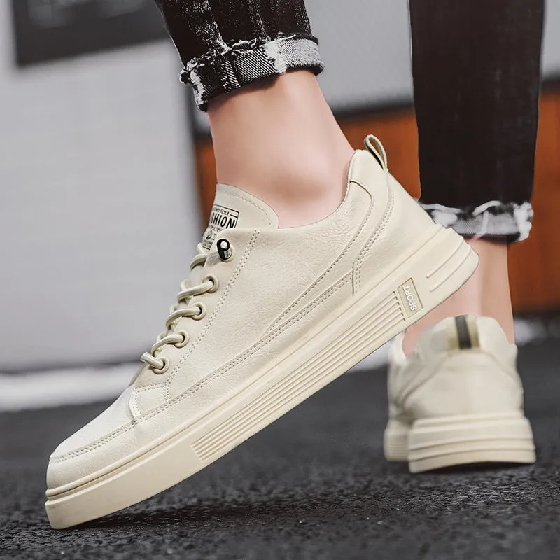 Men's Korean-style breathable canvas sneakers in beige with rubber sole and low-top design