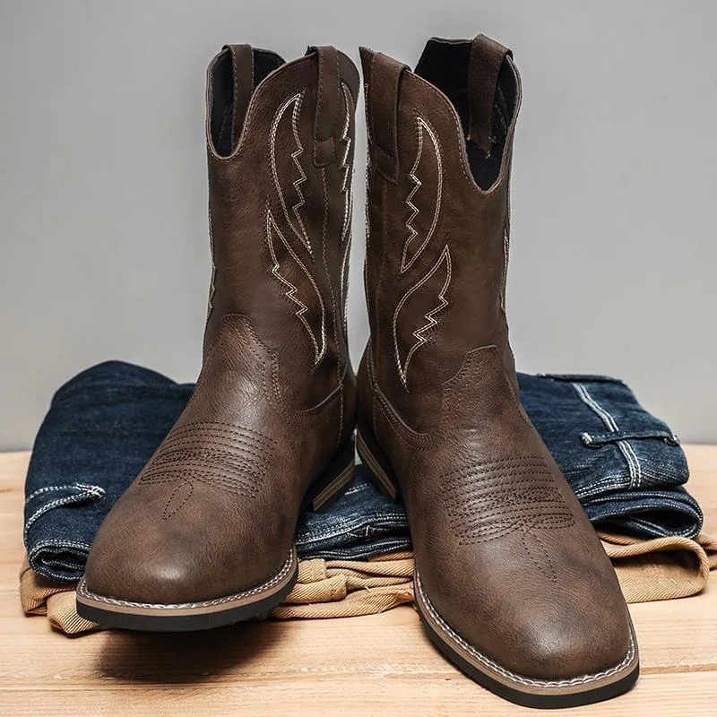 Men's retro western cowboy worker boots in brown, round toe PU leather with rubber sole, side view