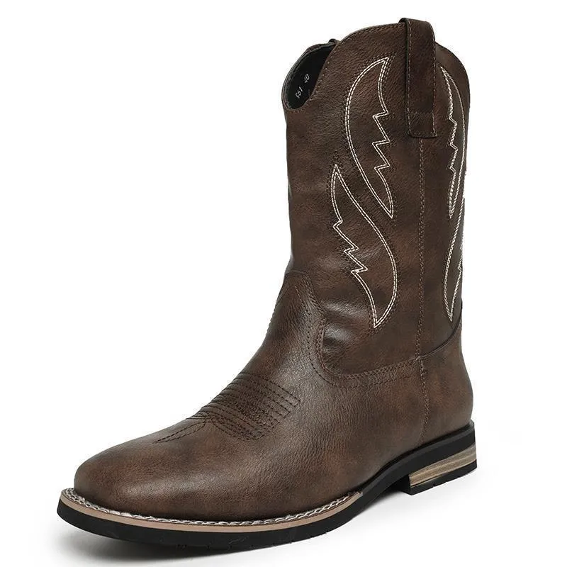 Men's retro western cowboy worker boots in brown, round toe PU leather with rubber sole, side view