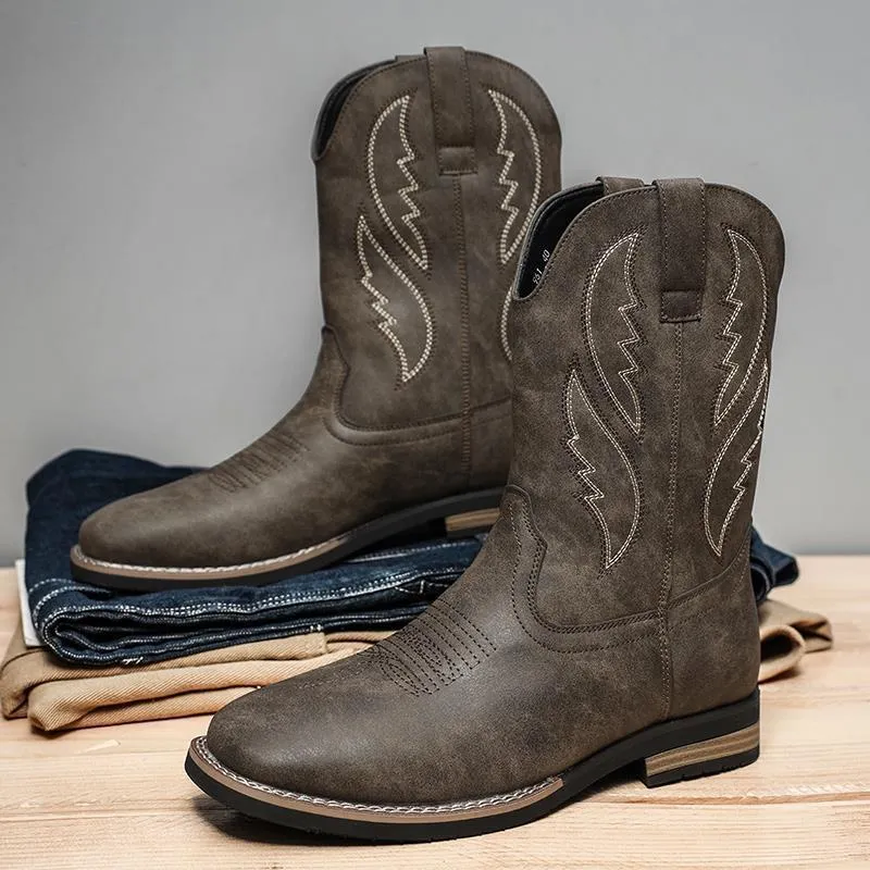 Men's retro western cowboy worker boots in brown, round toe PU leather with rubber sole, side view