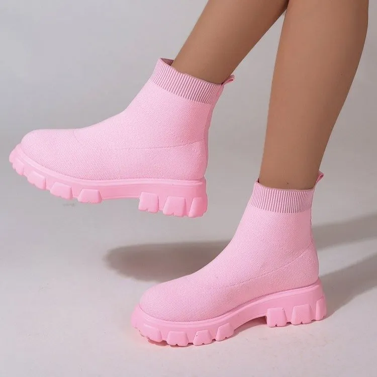 Women's low heel sock boots in pink, mesh upper, round toe, with 3-5 cm heel