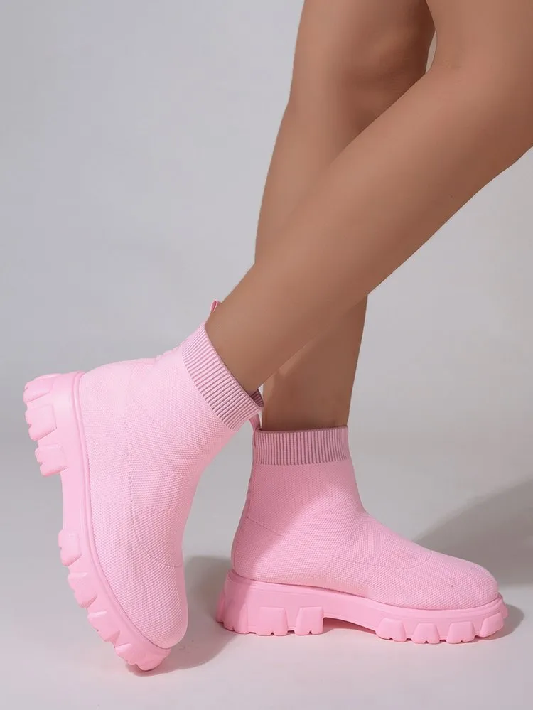Women's low heel sock boots in pink, mesh upper, round toe, with 3-5 cm heel