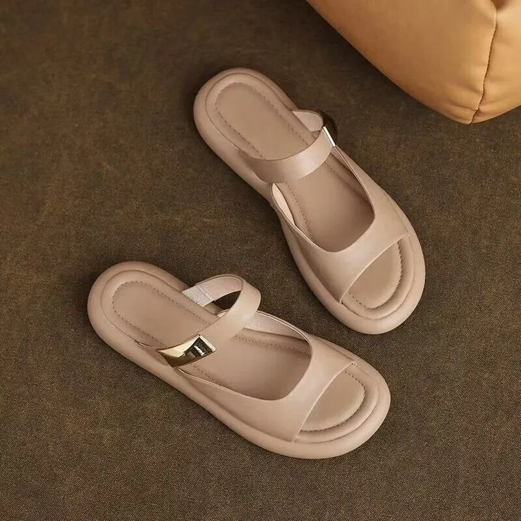 Apricot and white peep toe flat platform sandals with a French soft leather upper.