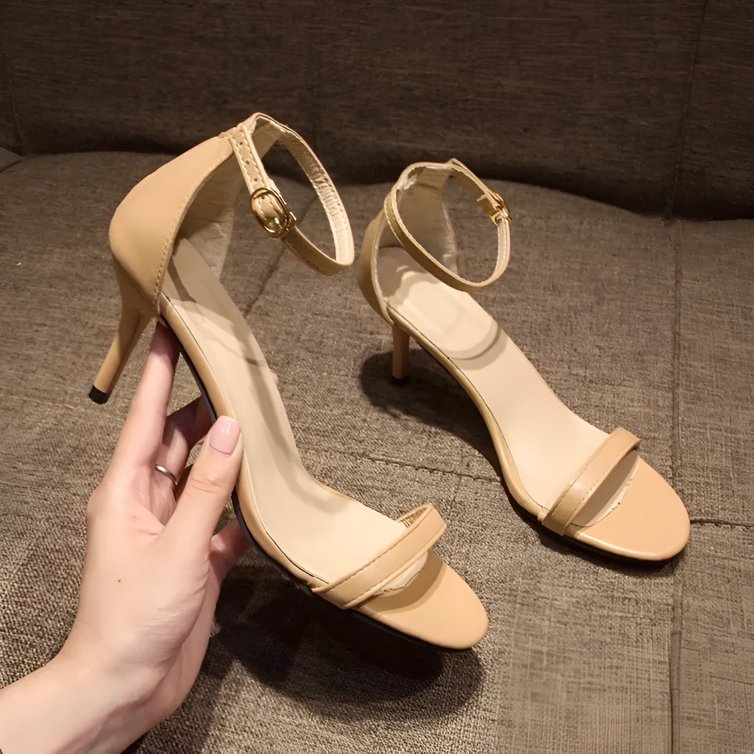 Strap stiletto heels in black with 7cm heel, adjustable ankle strap, premium fabric upper, and rubber sole