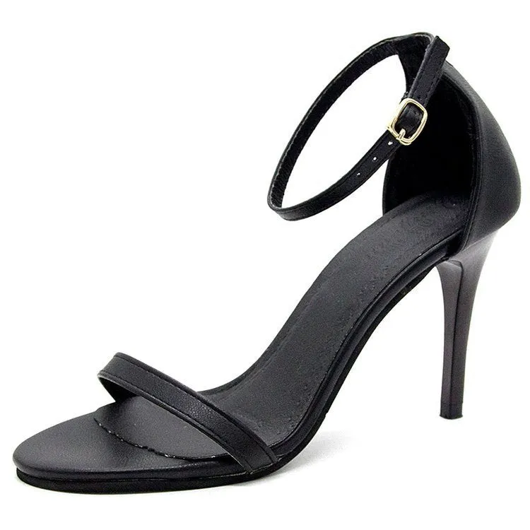 Strap stiletto heels in black with 7cm heel, adjustable ankle strap, premium fabric upper, and rubber sole