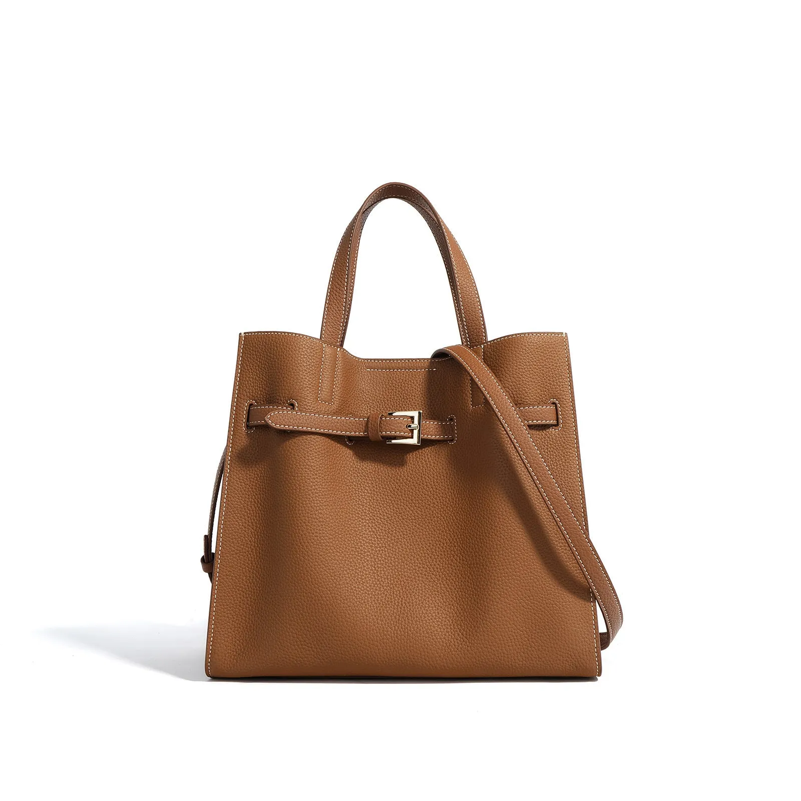 Genuine leather crossbody commuter bag in Toffee Gold with double shoulder straps and square vertical shape