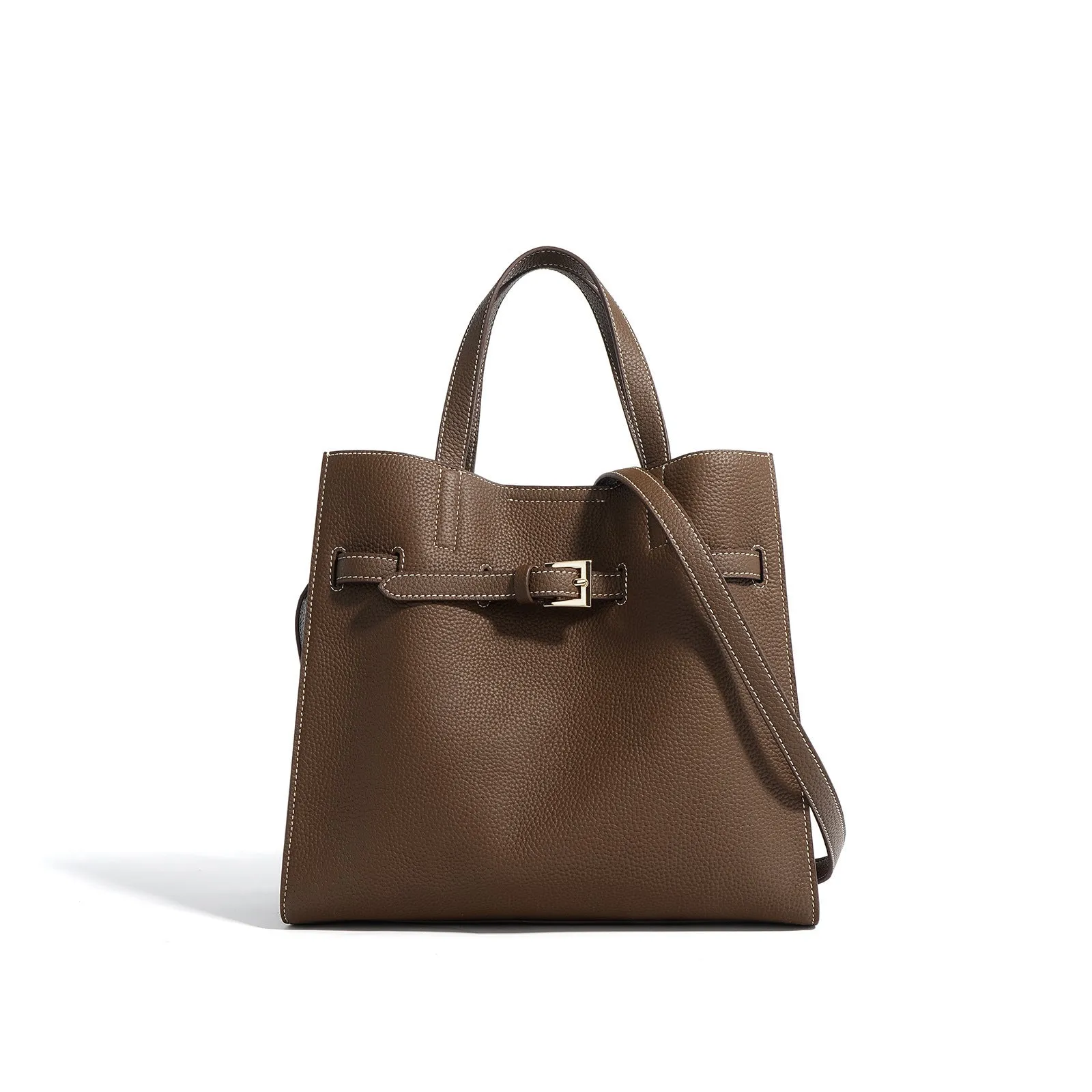Genuine leather crossbody commuter bag in Toffee Gold with double shoulder straps and square vertical shape