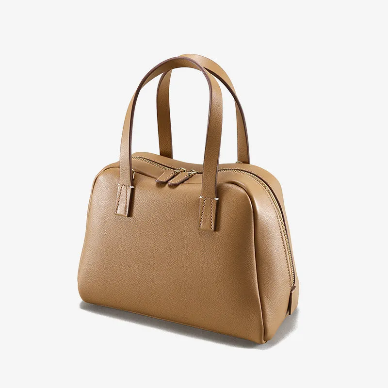 Genuine leather large capacity horizontal square crossbody handbag in biscuit colour with single shoulder strap