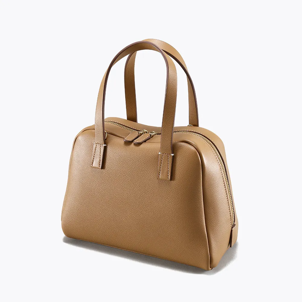 Genuine leather large capacity horizontal square crossbody handbag in biscuit colour with single shoulder strap