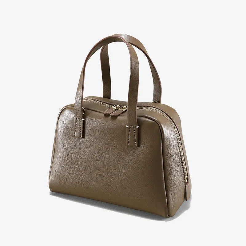 Genuine leather large capacity horizontal square crossbody handbag in biscuit colour with single shoulder strap