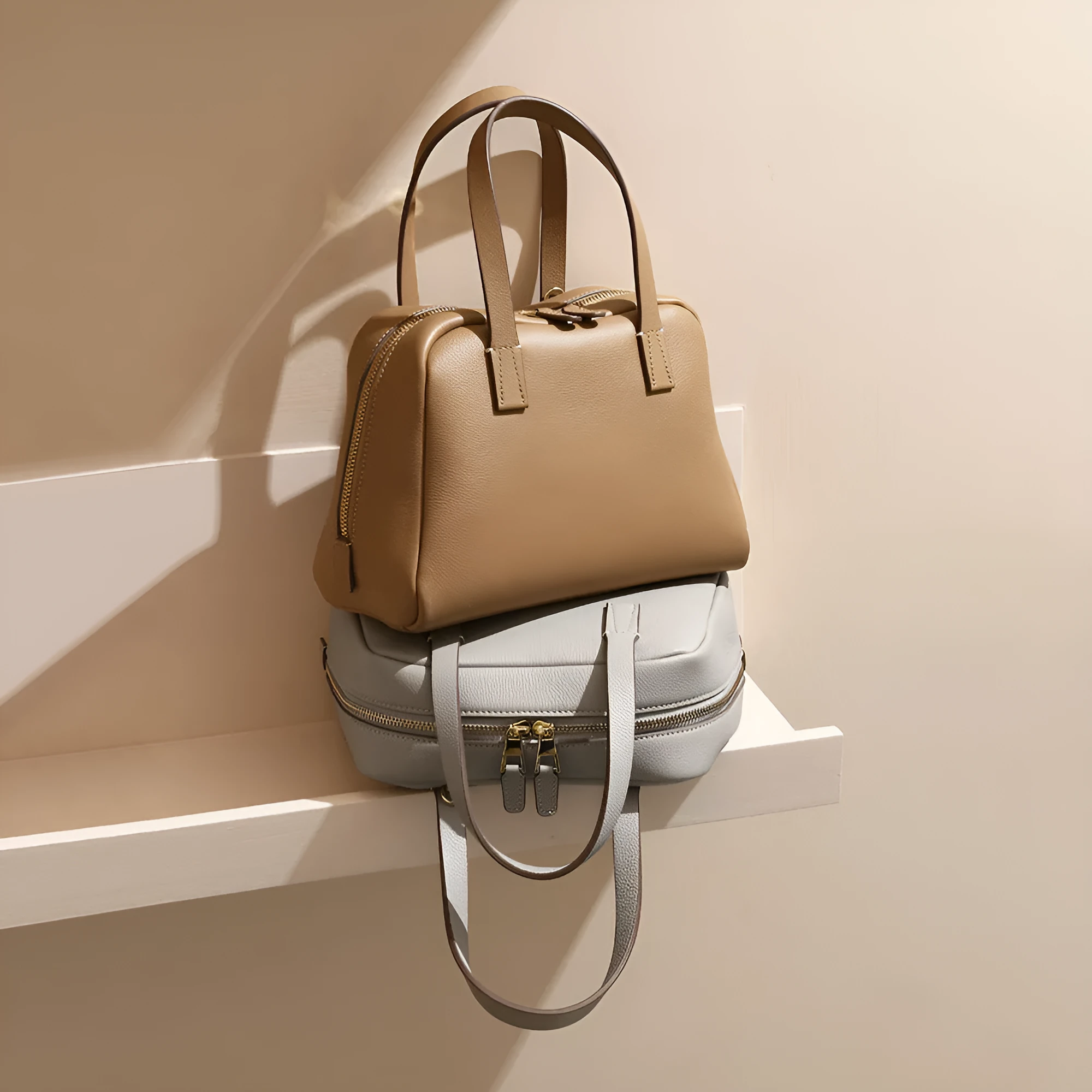 Genuine leather large capacity horizontal square crossbody handbag in biscuit colour with single shoulder strap