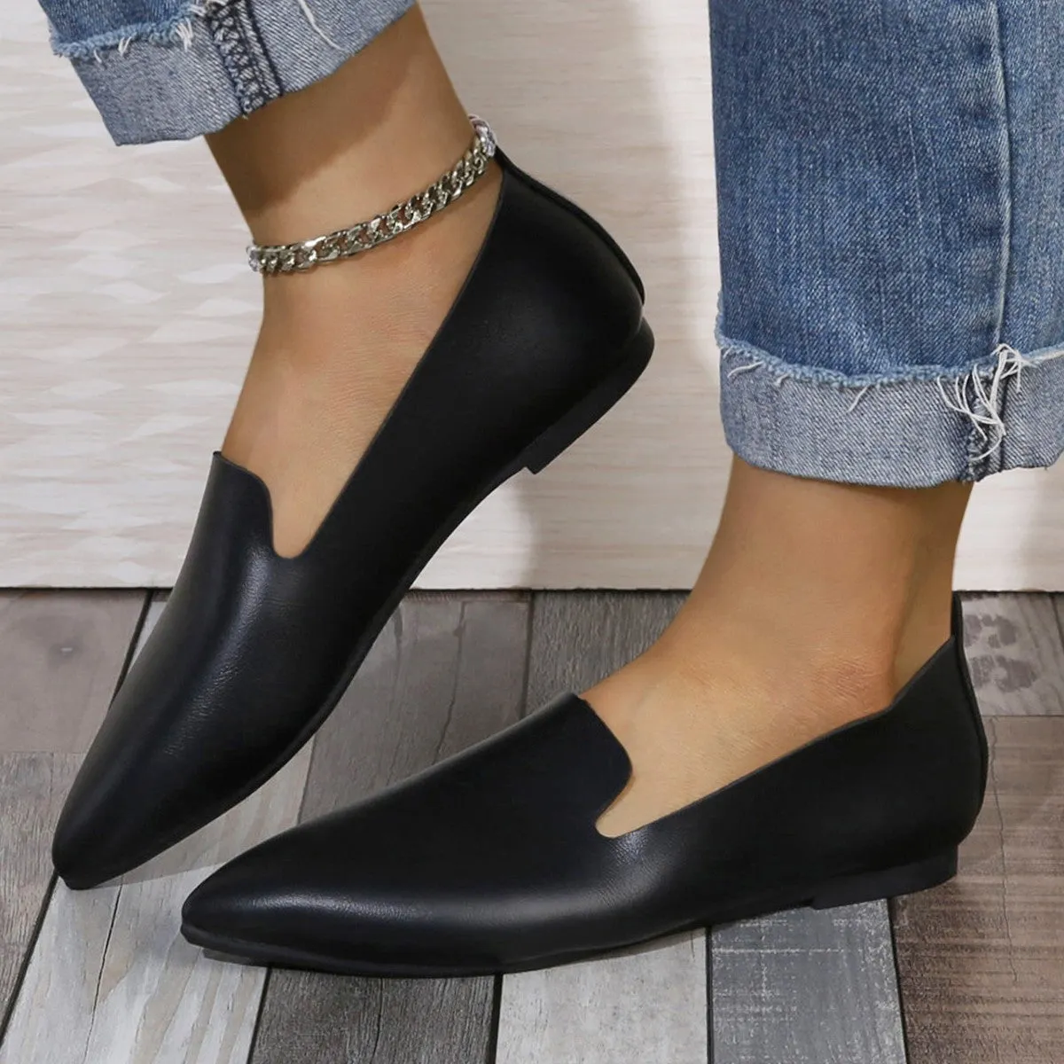 Women's leather flat bottom pumps low-cut low heel pointed toe solid colour black white sizes 36-45