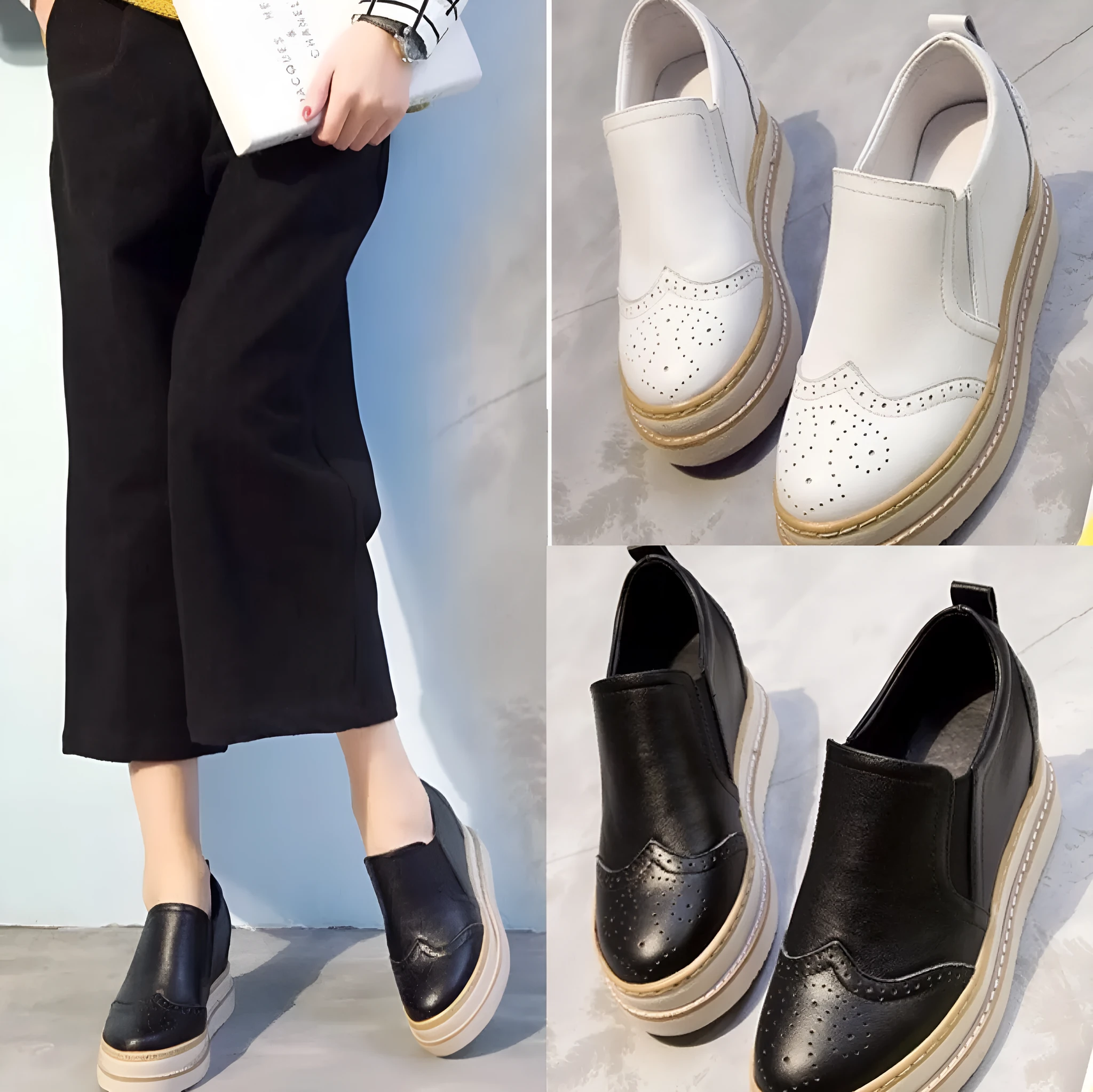 Women's genuine leather brogue platform shoes with metal detail and round toe in black