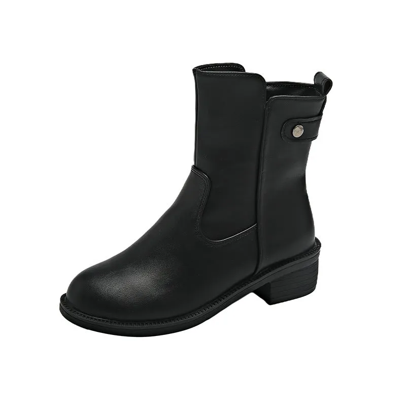Women's black low heel round toe side zip ankle boots showing front and side views