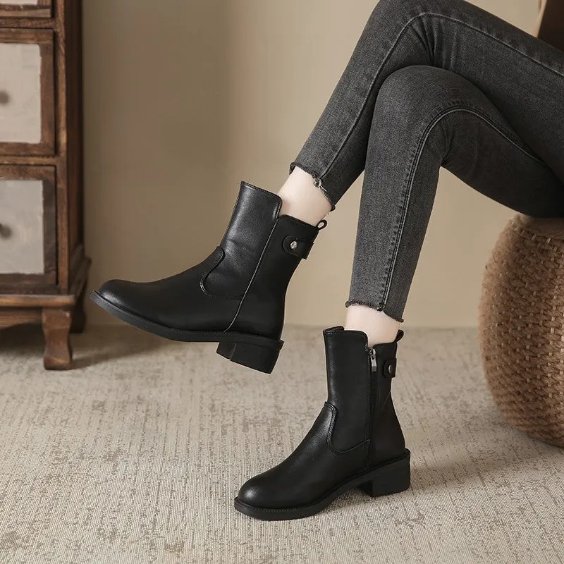 Women's black low heel round toe side zip ankle boots showing front and side views