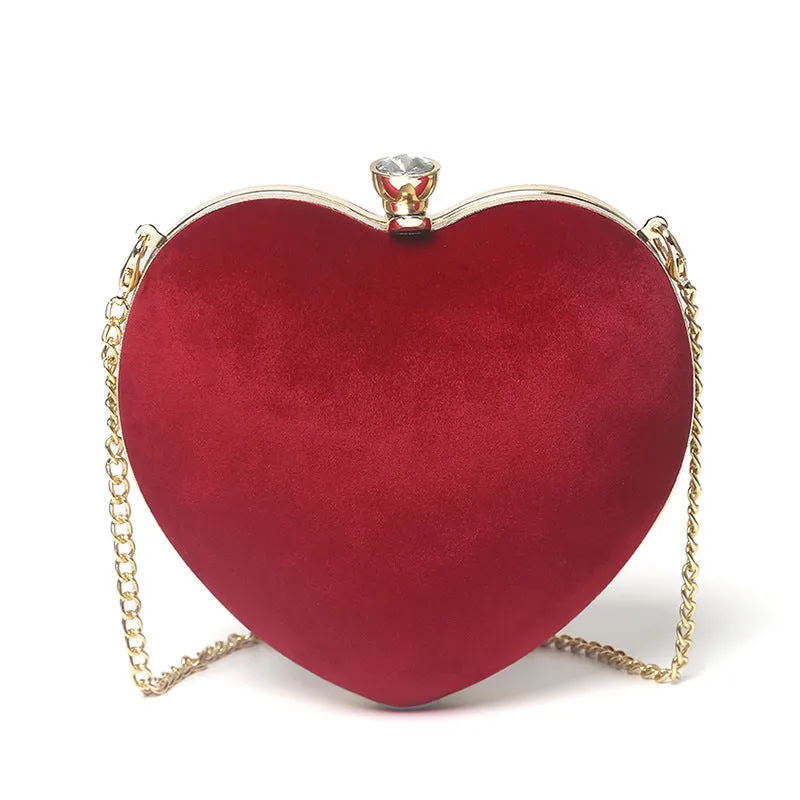 Small heart-shaped plush cotton chain bag with hook closure and card pocket, available in red light grey black and pink
