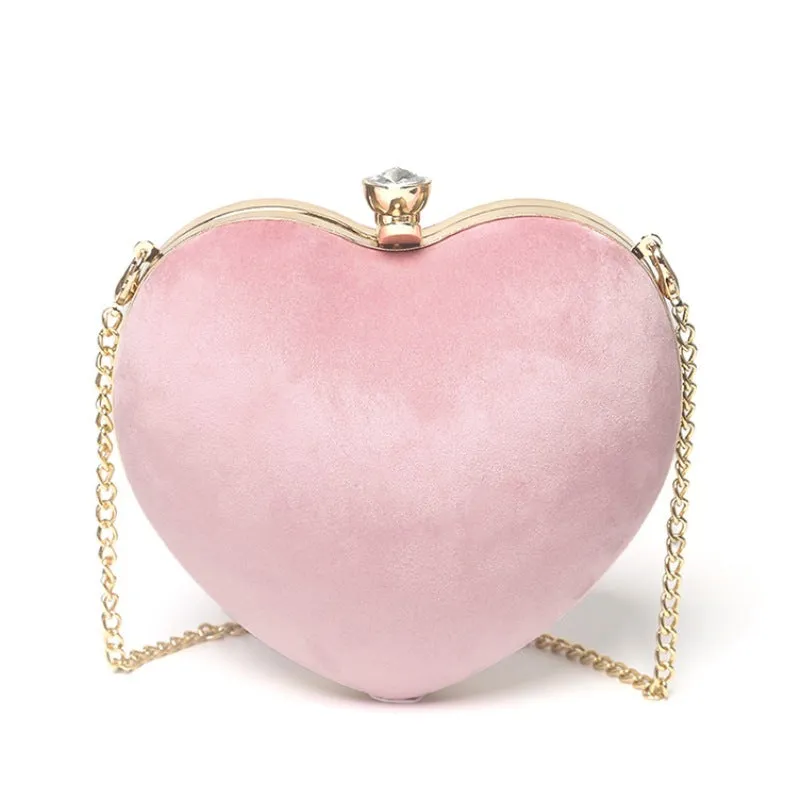 Small heart-shaped plush cotton chain bag with hook closure and card pocket, available in red light grey black and pink