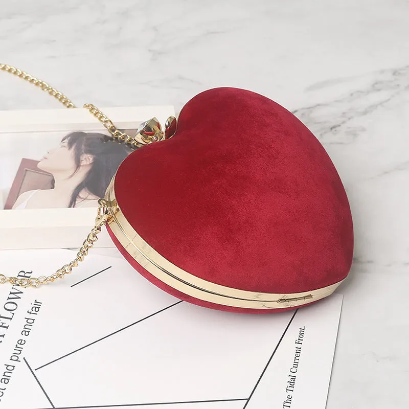 Small heart-shaped plush cotton chain bag with hook closure and card pocket, available in red light grey black and pink