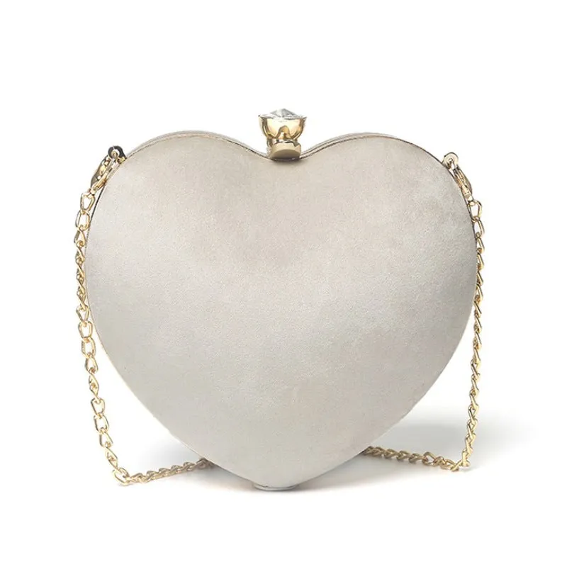 Small heart-shaped plush cotton chain bag with hook closure and card pocket, available in red light grey black and pink
