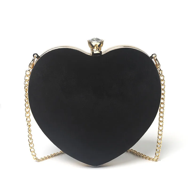 Small heart-shaped plush cotton chain bag with hook closure and card pocket, available in red light grey black and pink