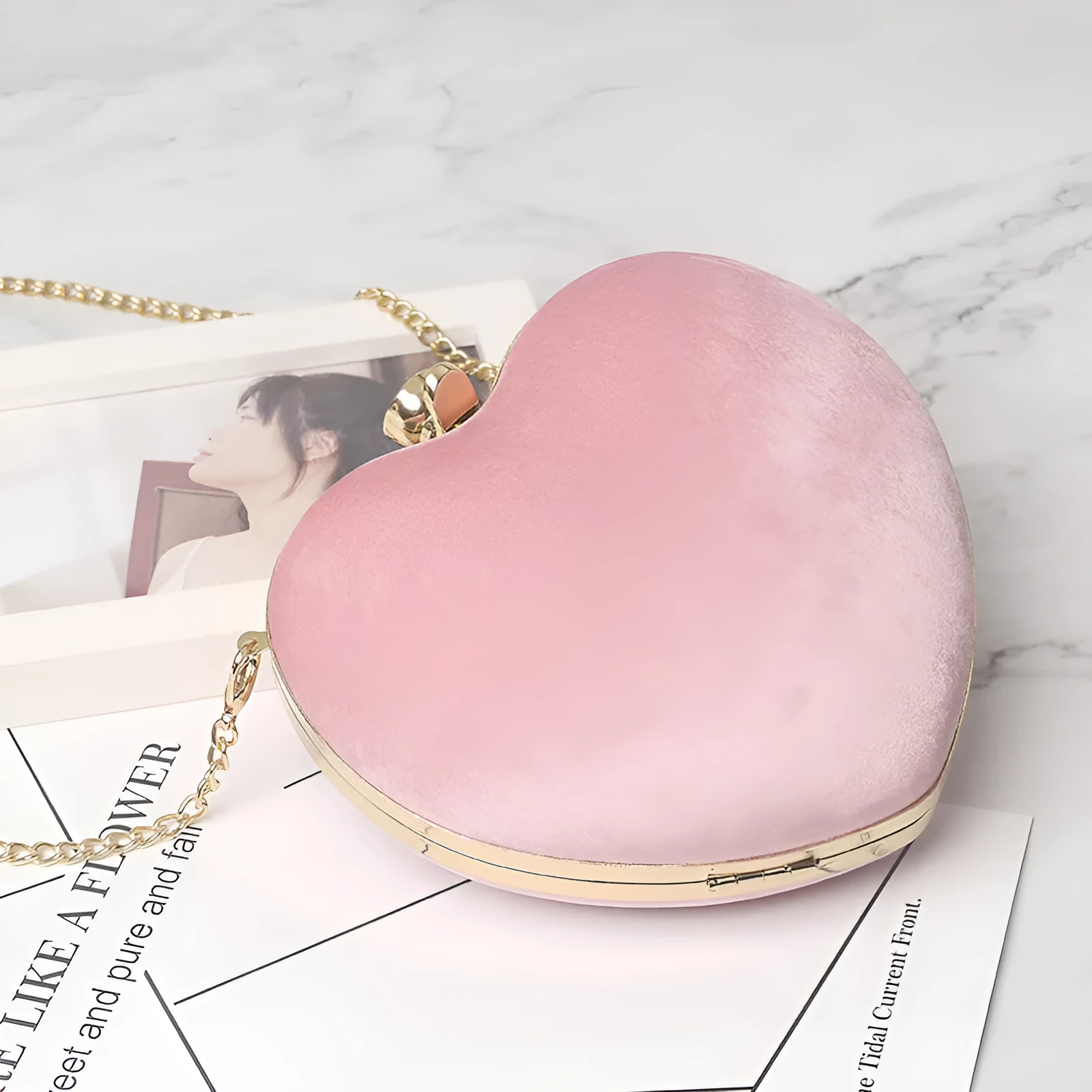 Small heart-shaped plush cotton chain bag with hook closure and card pocket, available in red light grey black and pink