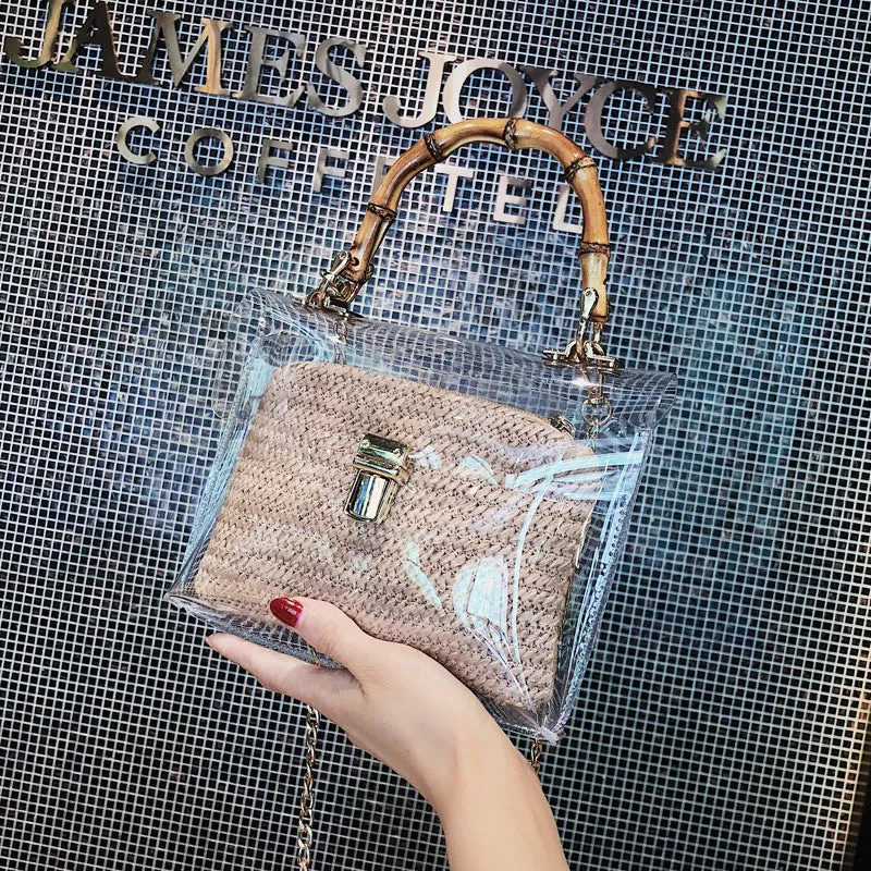 Women's PVC bamboo knot woven shoulder bag with chain detail and hasp closure in khaki - 21x17x3cm