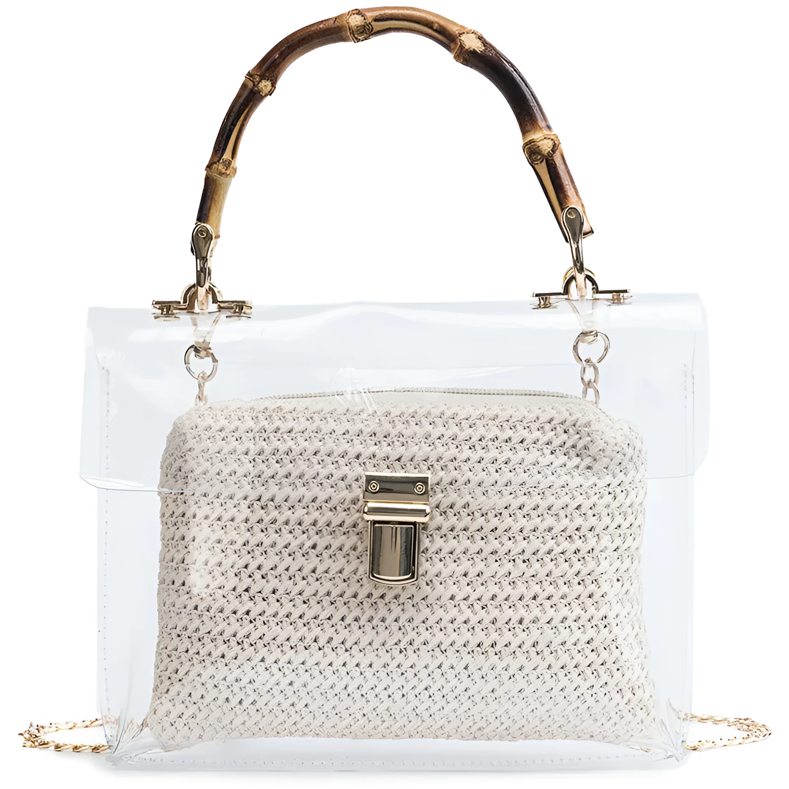 Women's PVC bamboo knot woven shoulder bag with chain detail and hasp closure in khaki - 21x17x3cm