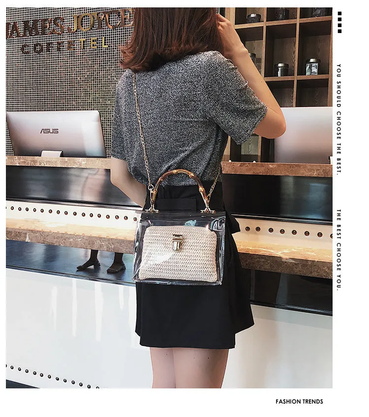 Women's PVC bamboo knot woven shoulder bag with chain detail and hasp closure in khaki - 21x17x3cm