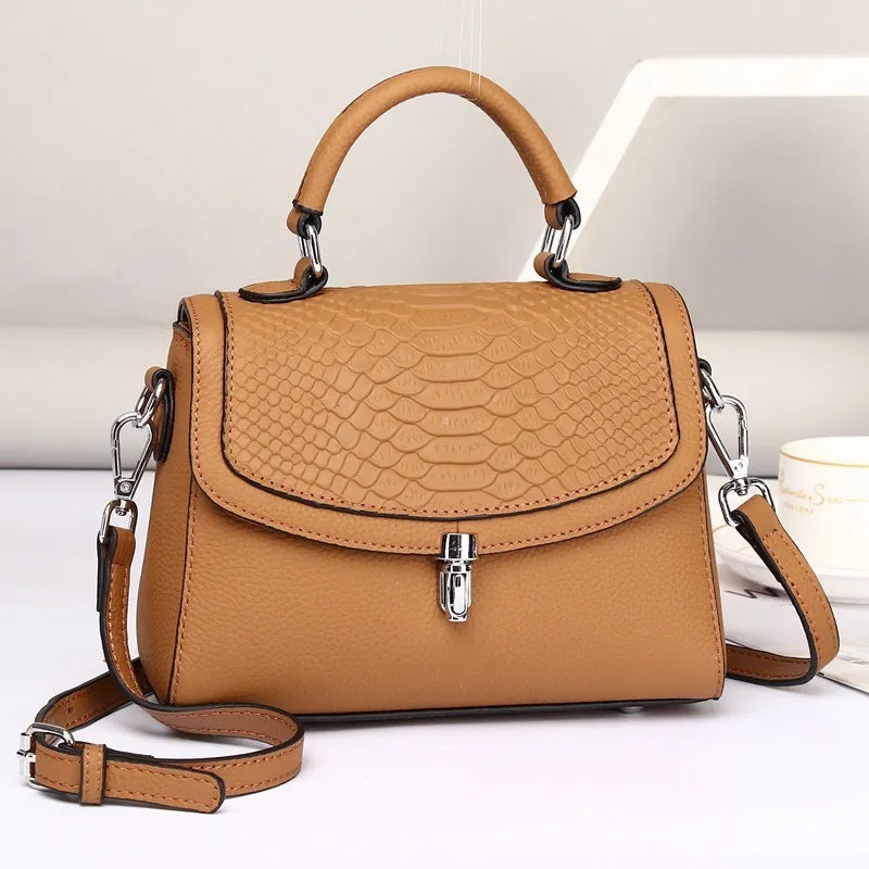 Real head layer cowhide crocodile print small square cross-shoulder bag with lock closure for women