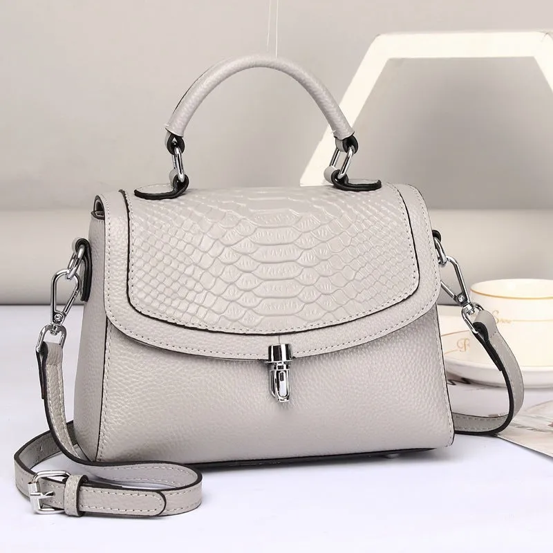 Real head layer cowhide crocodile print small square cross-shoulder bag with lock closure for women