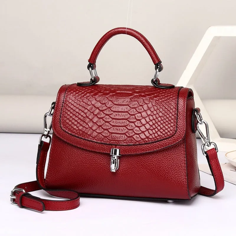 Real head layer cowhide crocodile print small square cross-shoulder bag with lock closure for women