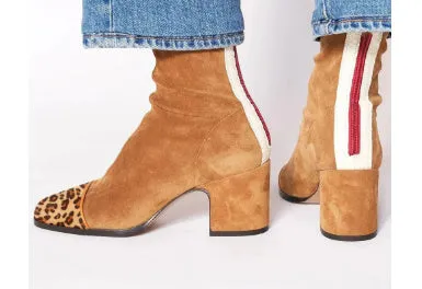 High heel square toe suede Martin boots, chunky heel, back zipper, leopard print, low-cut, women's size 34-43