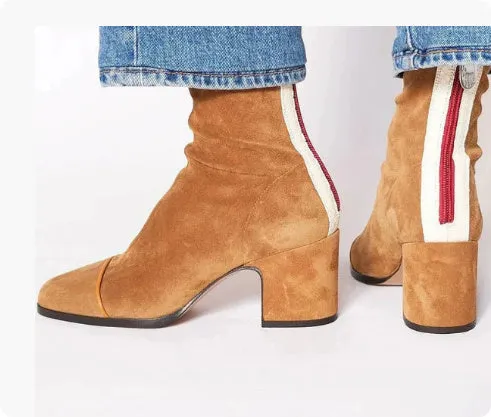 High heel square toe suede Martin boots, chunky heel, back zipper, leopard print, low-cut, women's size 34-43