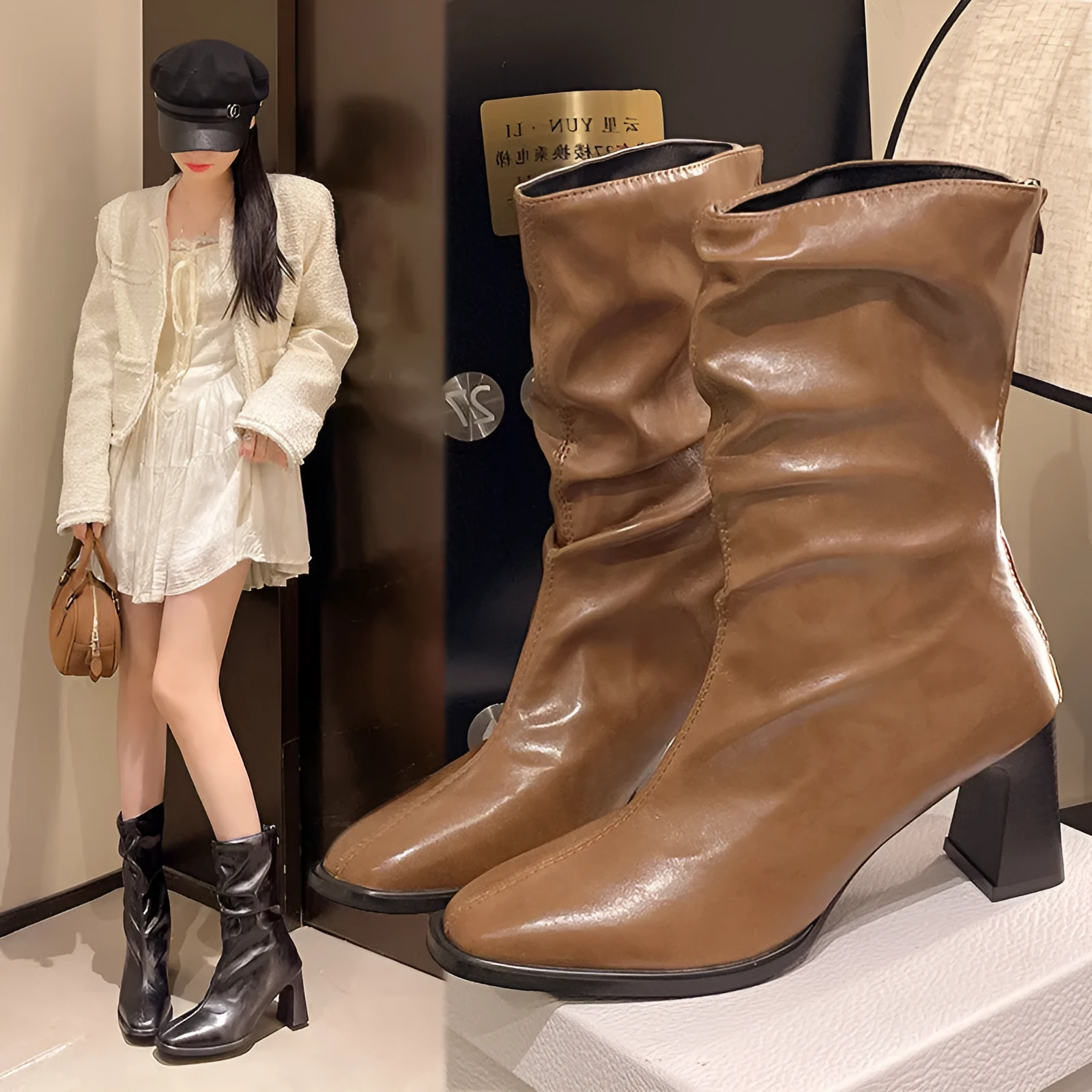 Large size women's wide width chunky heel ankle boots in black, square toe, back zipper, artificial PU upper
