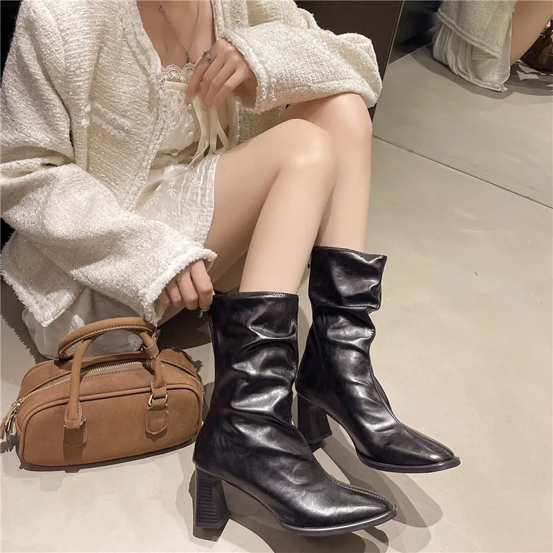 Large size women's wide width chunky heel ankle boots in black, square toe, back zipper, artificial PU upper