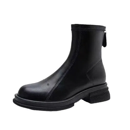 Women's black flat heel ankle boots with back zipper and round toe design