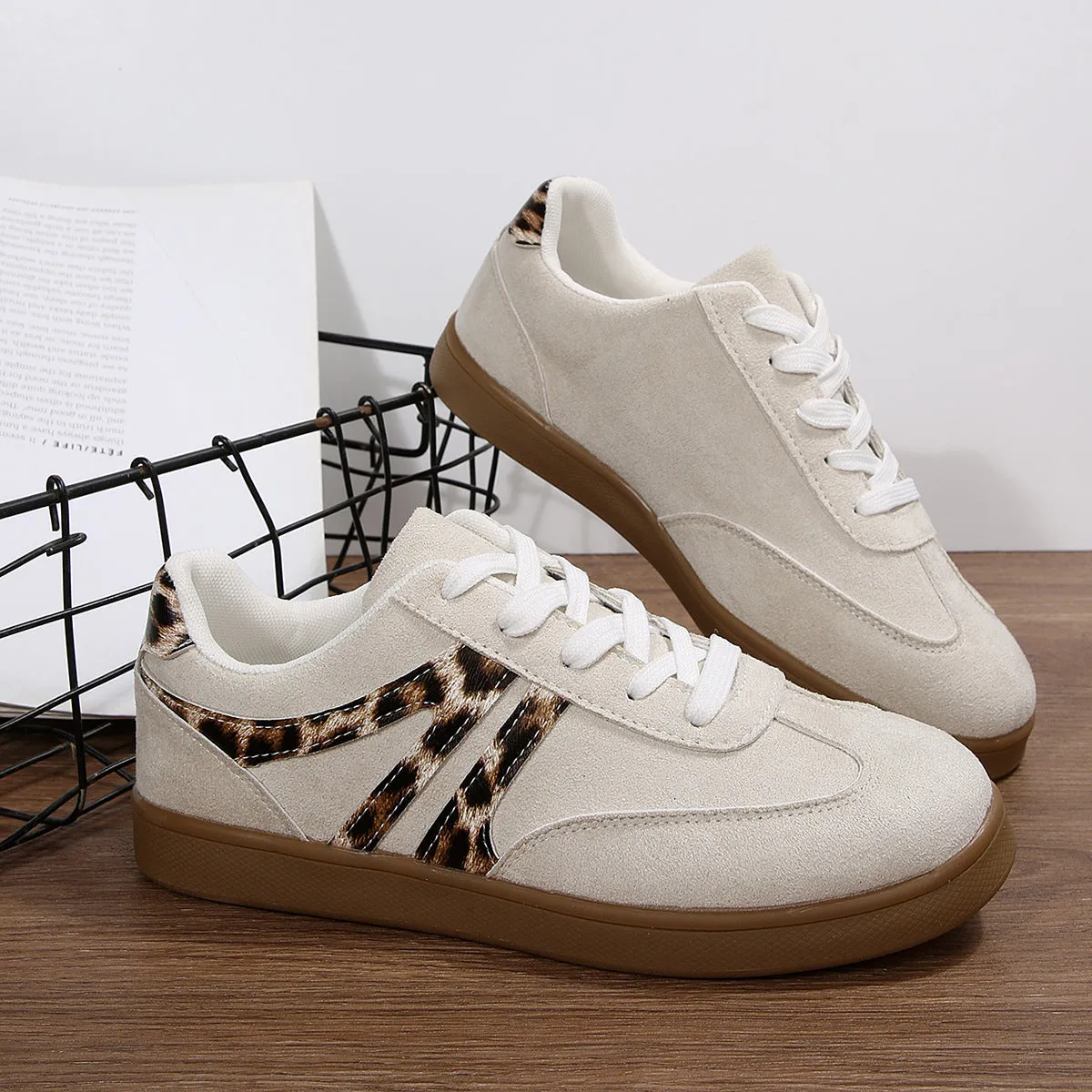 Women's vintage leopard print board shoes with PU upper, flat heel, and round toe in beige and black colours
