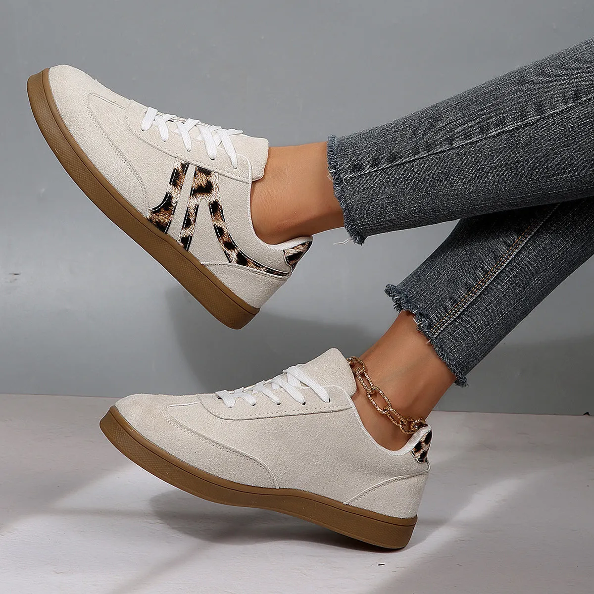 Women's vintage leopard print board shoes with PU upper, flat heel, and round toe in beige and black colours