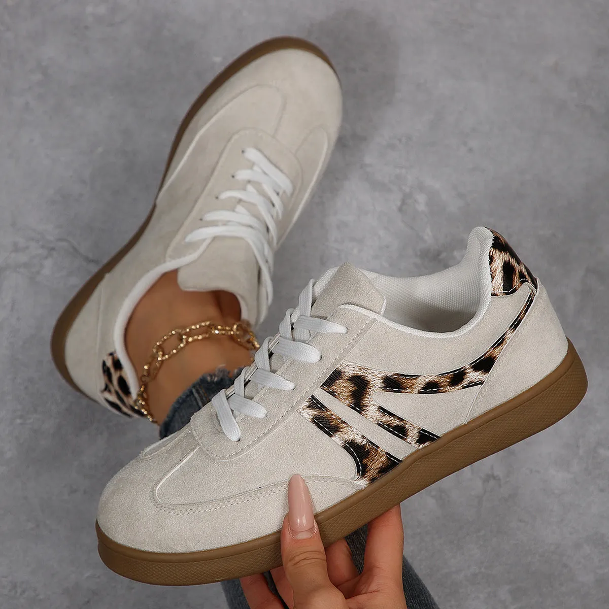 Women's vintage leopard print board shoes with PU upper, flat heel, and round toe in beige and black colours