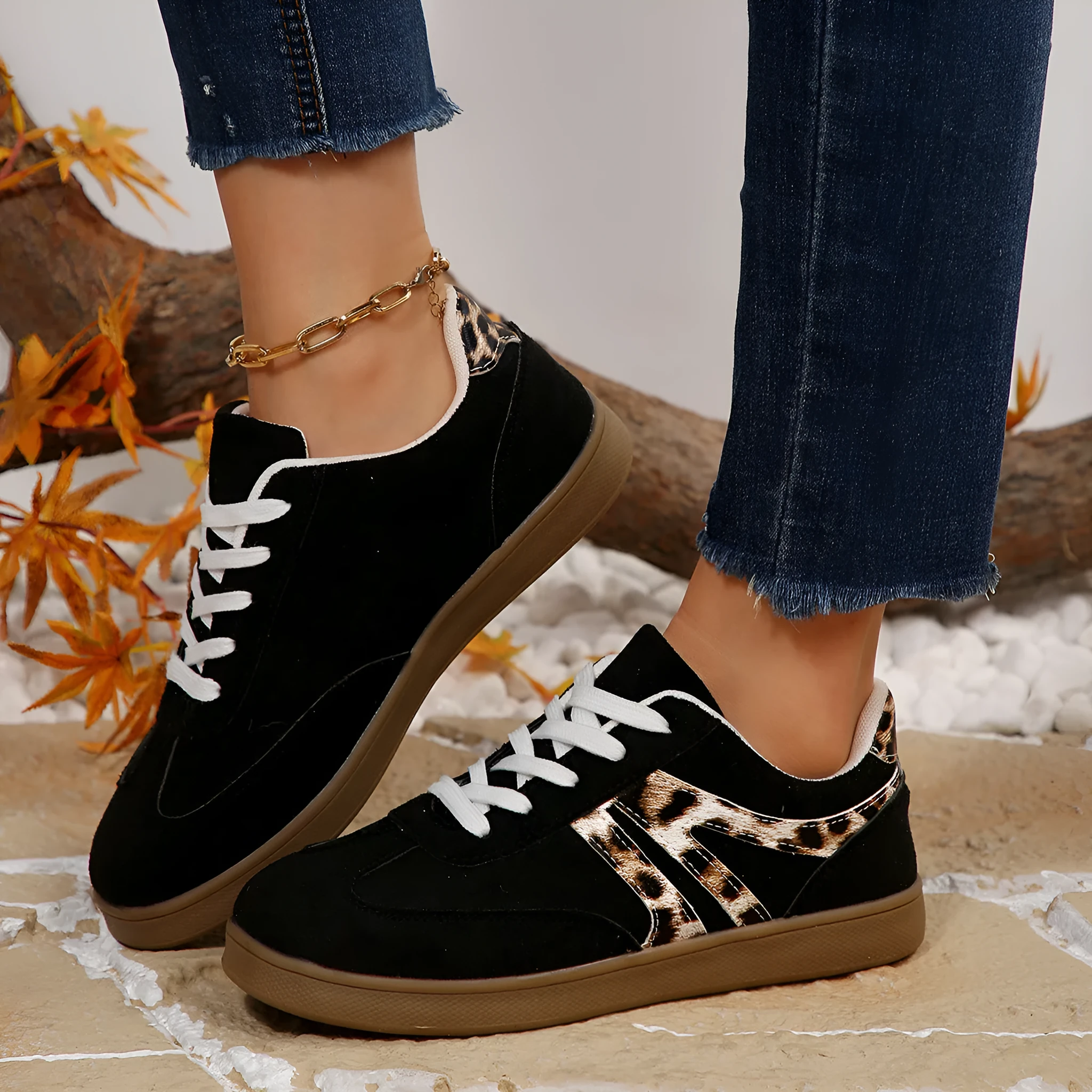 Women's vintage leopard print board shoes with PU upper, flat heel, and round toe in beige and black colours