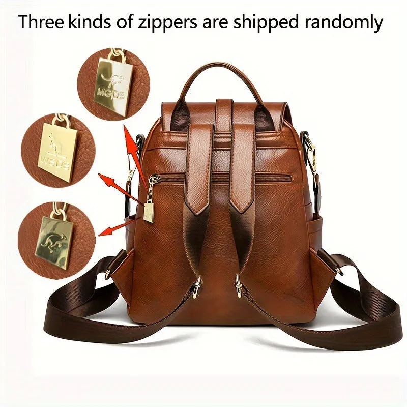 Simple ladies backpack in black and dark brown, large capacity PU, with sewing thread detail and sandwich pocket