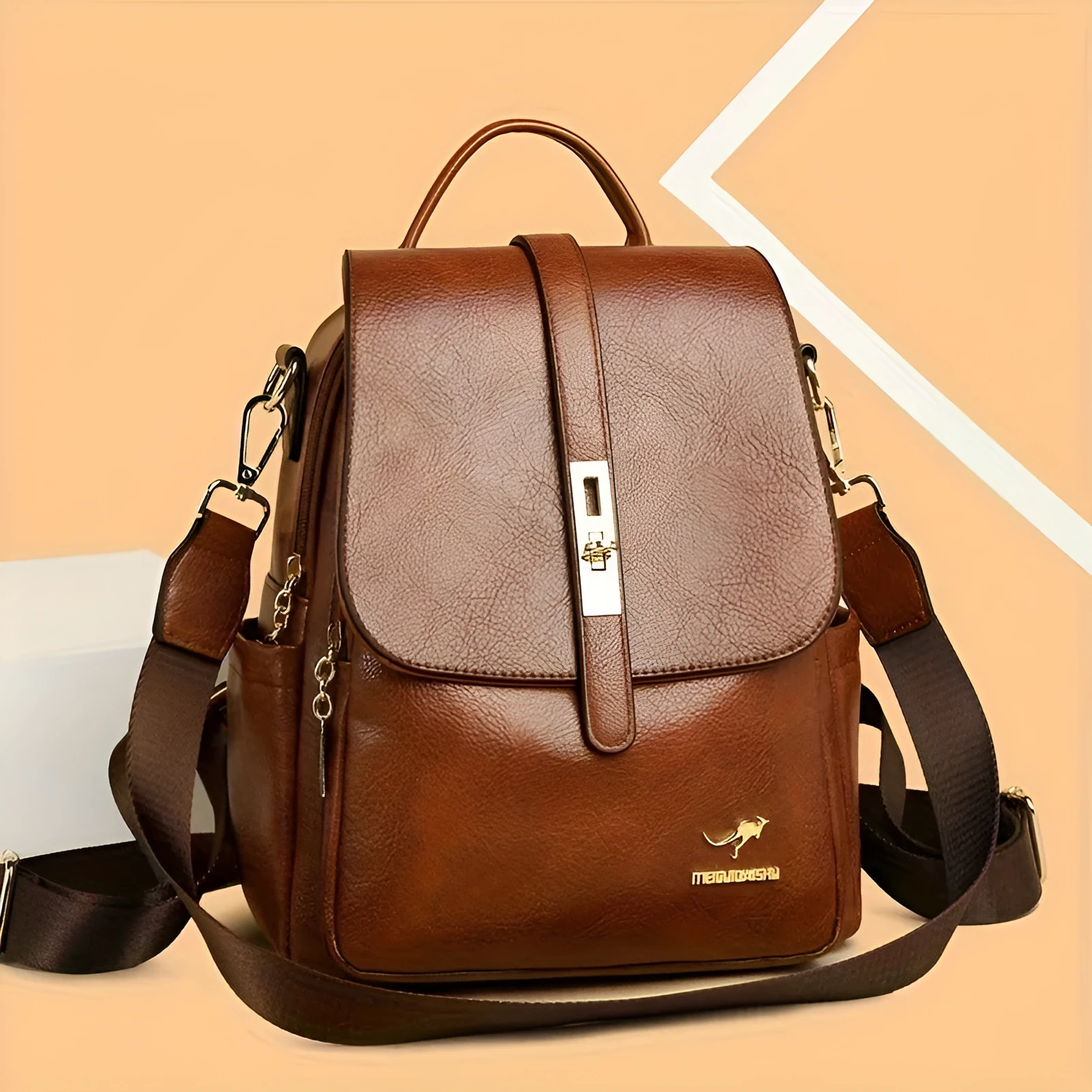 Simple ladies backpack in black and dark brown, large capacity PU, with sewing thread detail and sandwich pocket