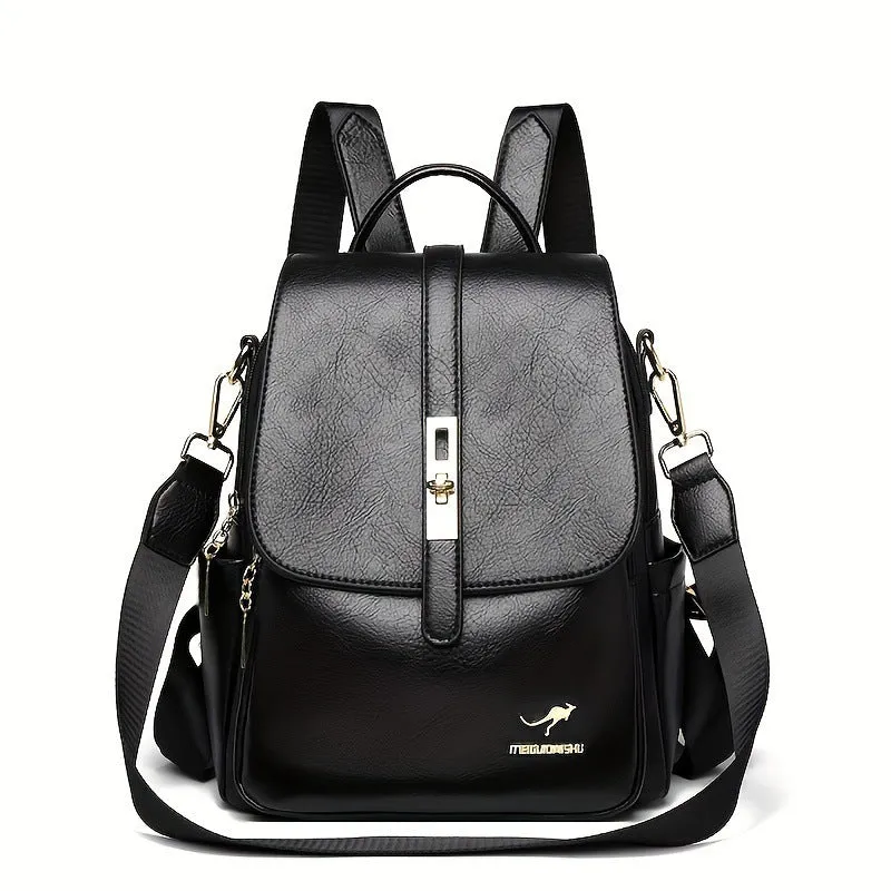 Simple ladies backpack in black and dark brown, large capacity PU, with sewing thread detail and sandwich pocket