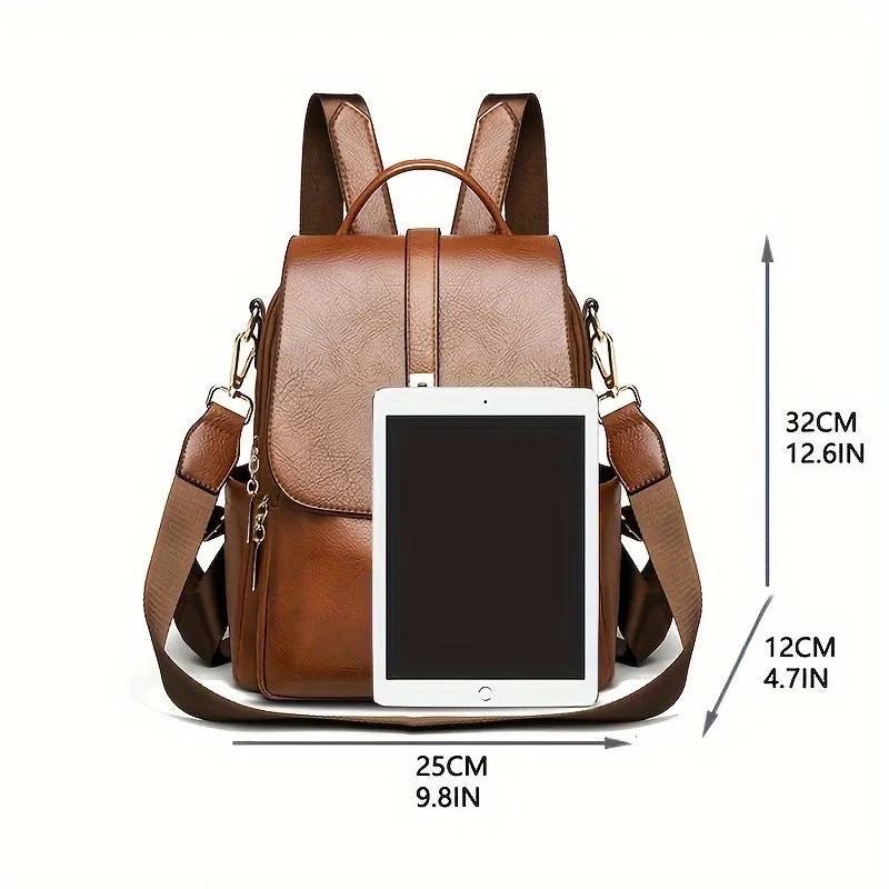 Simple ladies backpack in black and dark brown, large capacity PU, with sewing thread detail and sandwich pocket