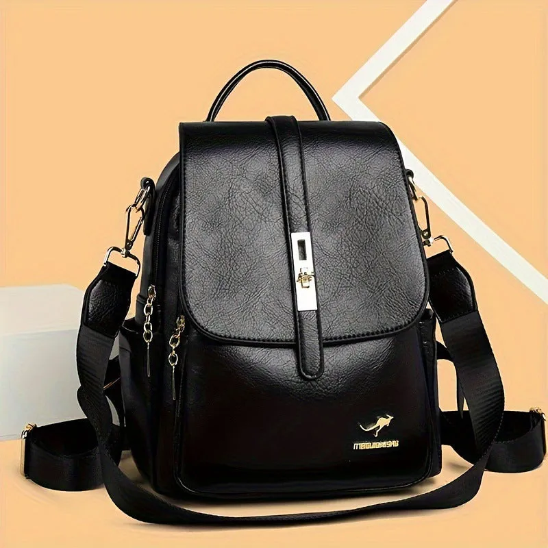 Simple ladies backpack in black and dark brown, large capacity PU, with sewing thread detail and sandwich pocket