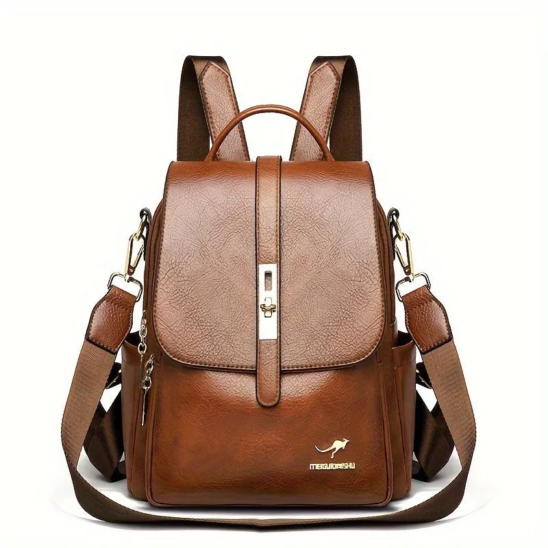 Simple ladies backpack in black and dark brown, large capacity PU, with sewing thread detail and sandwich pocket