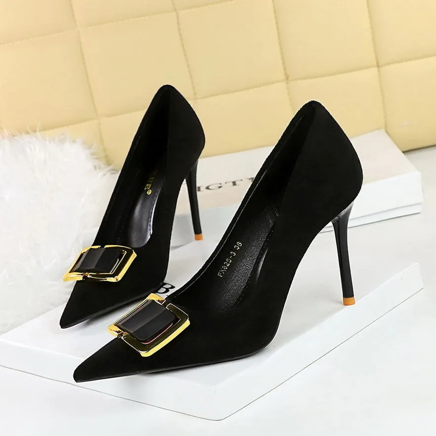 Black suede women's stiletto high heels with a 9CM heel and pointed toe.