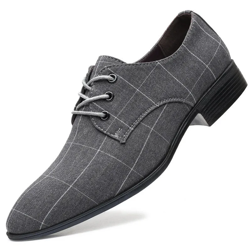 Men's casual canvas leather lace-up shoes with grid pattern, black colour, low heel